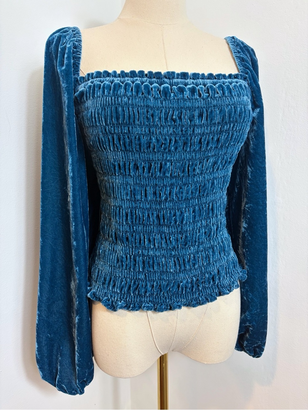 Anthropologie Smocked Velvet Puff Sleeve Top